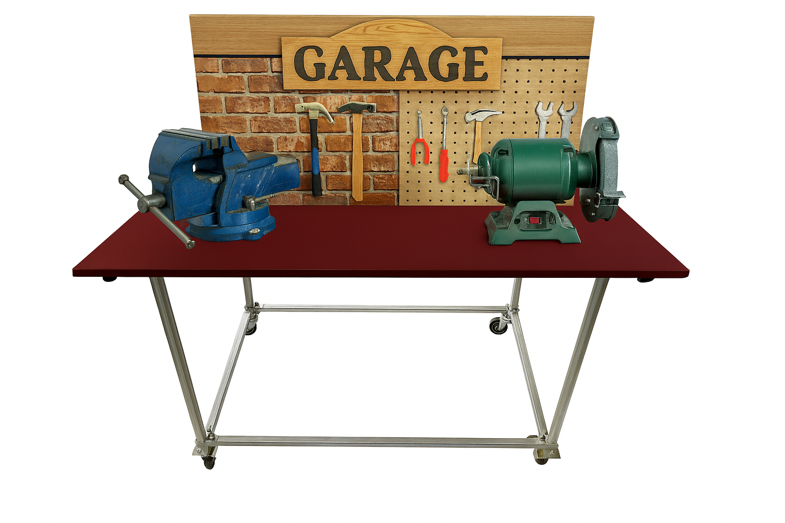 Work bench, Workstation, Maroon coloured top, Galvanized legs with Caster wheels, Size H895mm, W1200mm, D 800mm, Table only, accessories are not included