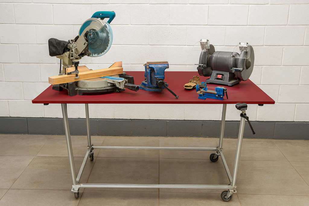 Work bench, Workstation, Maroon coloured top, Galvanized legs with Caster wheels, Size H895mm, W1200mm, D 800mm, Table only, accessories are not included