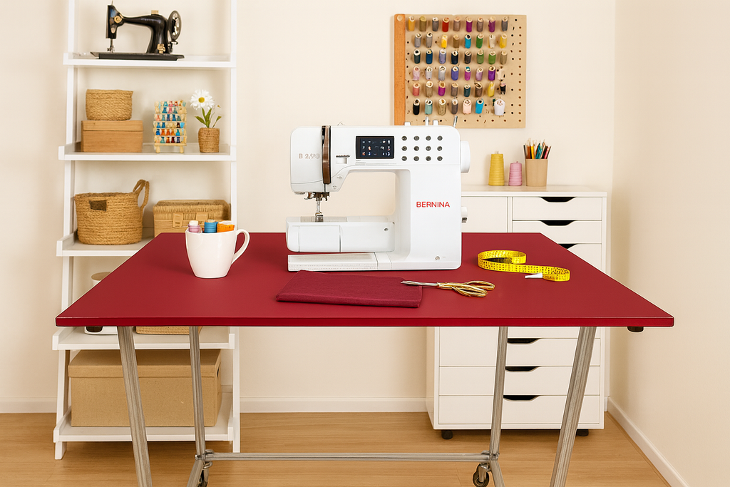 Work bench, Workstation, Maroon coloured top, Galvanized legs with Caster wheels, Size H895mm, W1200mm, D 800mm, Table only, accessories are not included