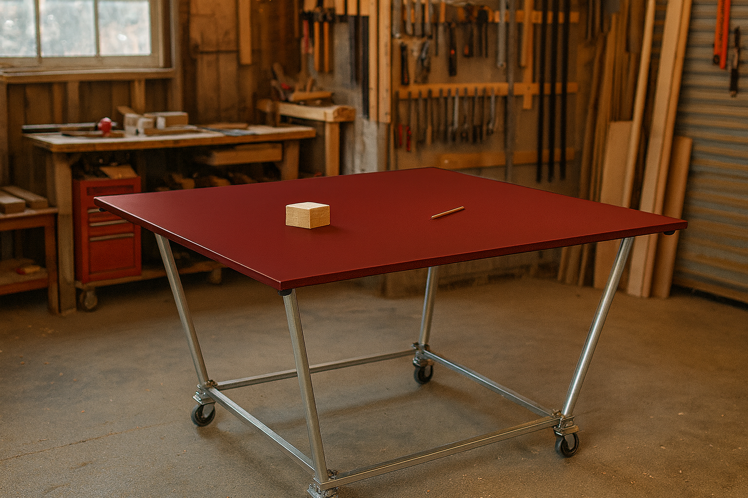 Work bench, Workstation, Maroon coloured top, Galvanized legs with Caster wheels, Size H895mm, W1200mm, D 800mm, Table only, accessories are not included