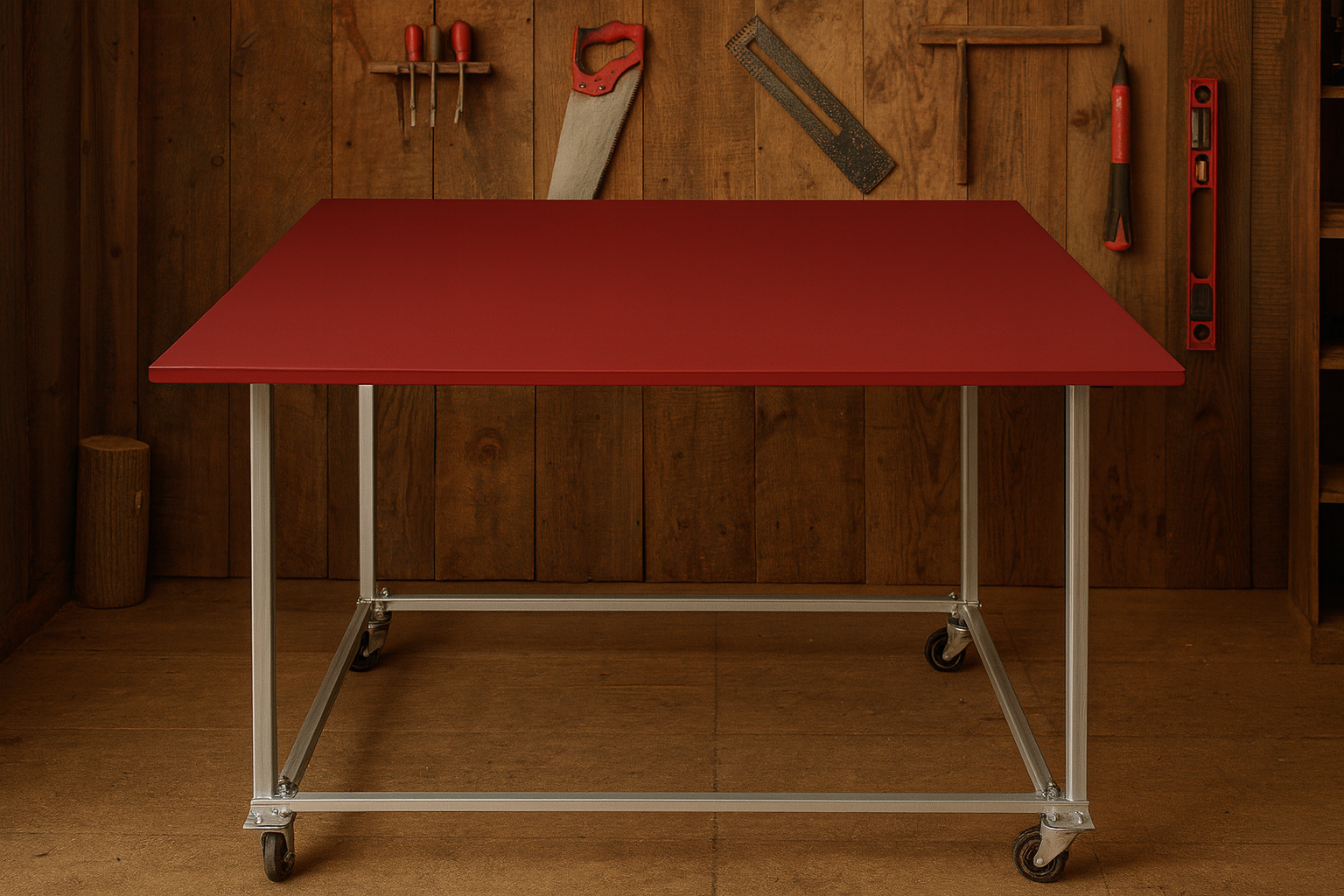 Work bench, Workstation, Maroon coloured top, Galvanized legs with Caster wheels, Size H895mm, W1200mm, D 800mm, Table only, accessories are not included