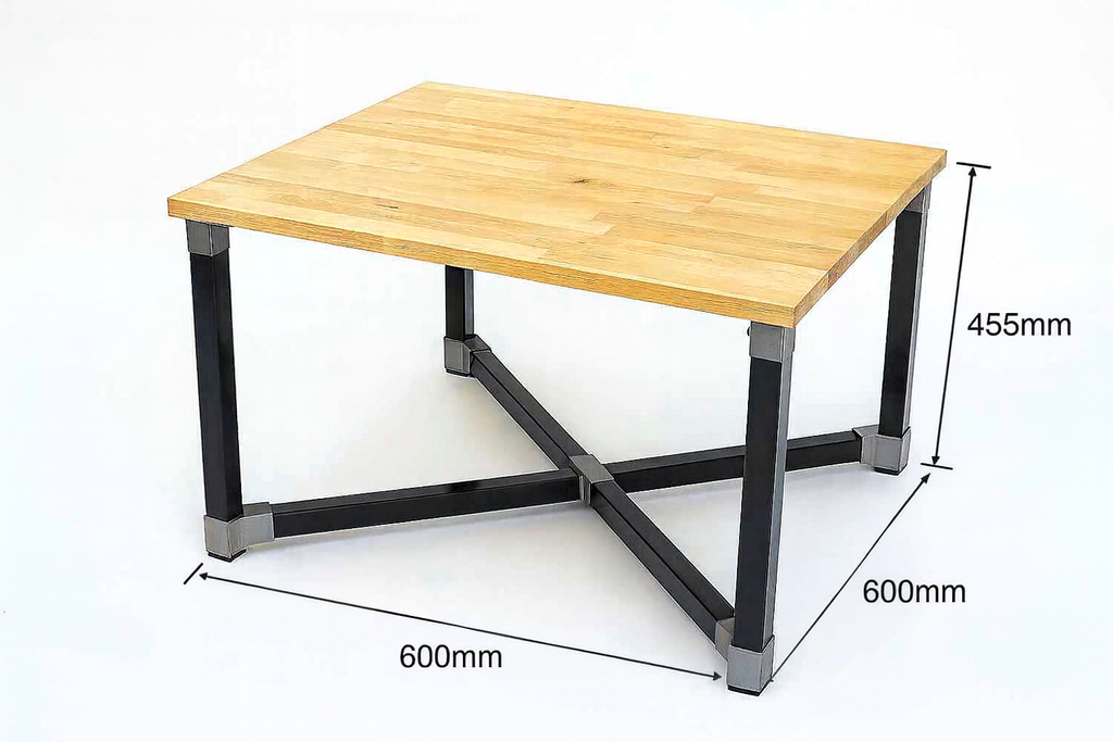 flexibench.com.au .. Coffee Table, Gloss Light Coloured Timber Tabletop, Powder Coated Gloss Black Aluminium legs, Top 595*595mm, Height 455mm