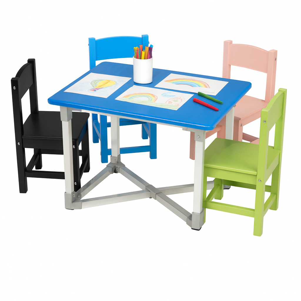 flexibench.com.au .. Children Dining Table, Suitable for 2-6 Years, Seats 4, Gloss Cobalt Blue Top, Polished Aluminium Legs, Size 595*595*455mm 