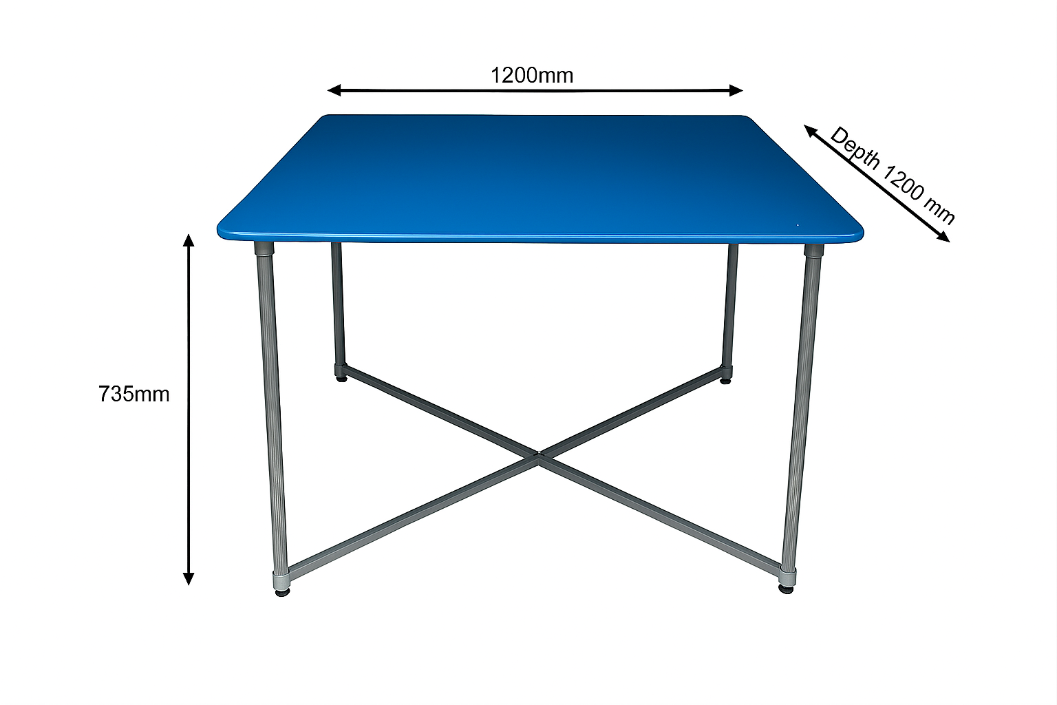 flexibench.com.au .. Cobalt blue coloured tabletop, Indoor or outdoor under cover, Galvanised steel legs, Size 1200*1200*735mm