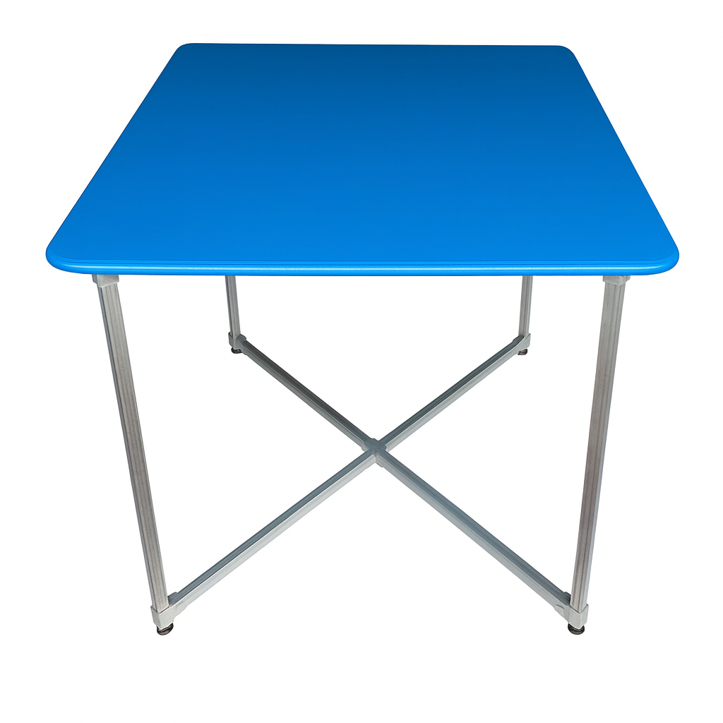 flexibench.com.au .. Cobalt blue coloured tabletop, Indoor or outdoor under cover, Galvanised steel legs, Size 1200*1200*735mm