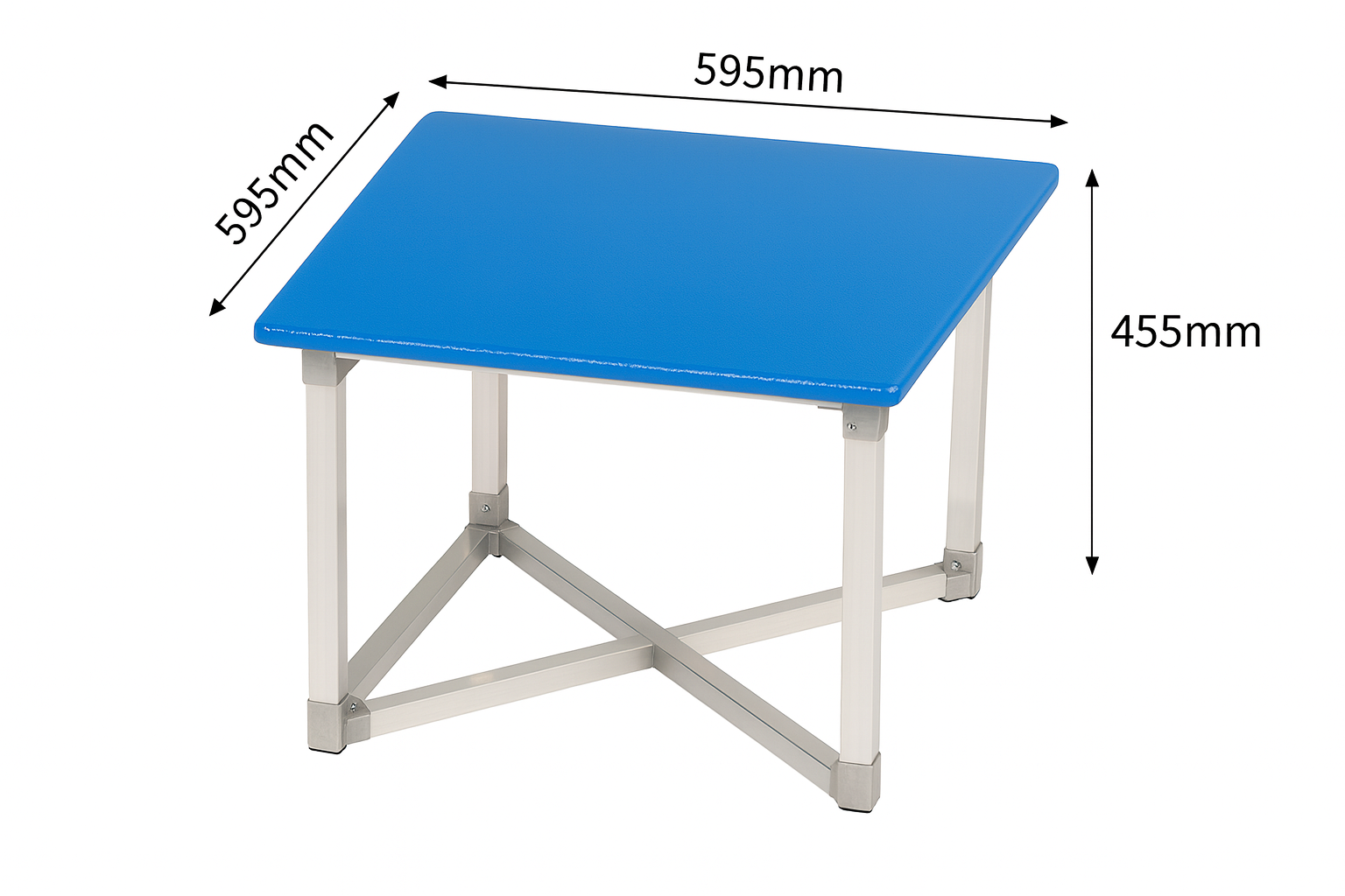 flexibench.com.au .. Coffee Table, Gloss Cobalt Blue coloured Top, Polished Aluminium Legs, Size 595*595*455mm