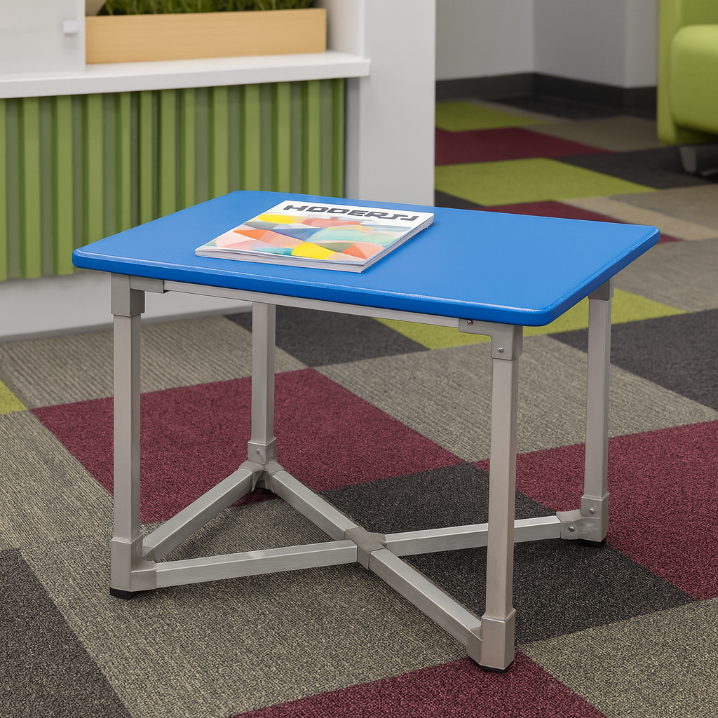 flexibench.com.au .. Coffee Table, Gloss Cobalt Blue coloured Top, Polished Aluminium Legs, Size 595*595*455mm