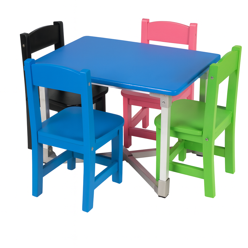 flexibench.com.au .. Children Dining Table, Suitable for 2-6 Years, Seats 4, Gloss Cobalt Blue Top, Polished Aluminium Legs, Size 595*595*455mm 