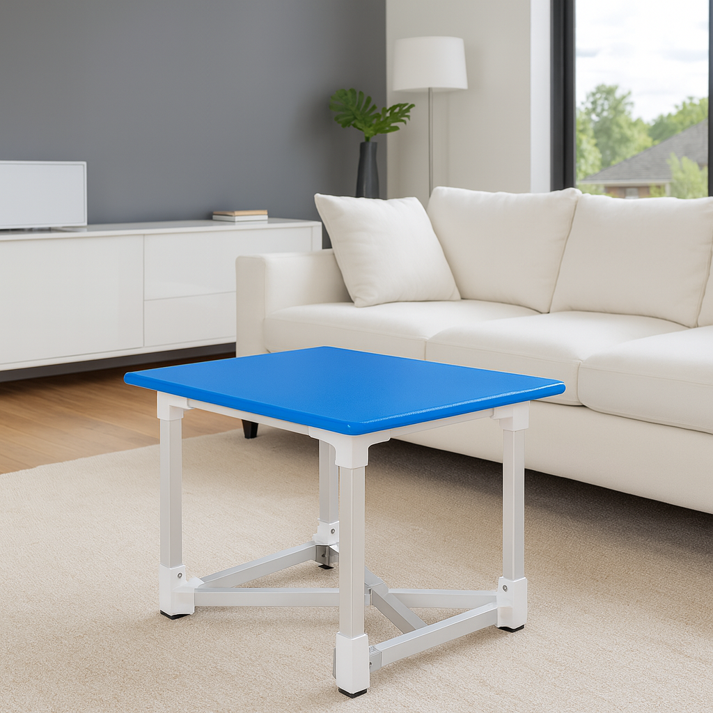 flexibench.com.au .. Coffee Table, Gloss Cobalt Blue coloured Top, Polished Aluminium Legs, Size 595*595*455mm