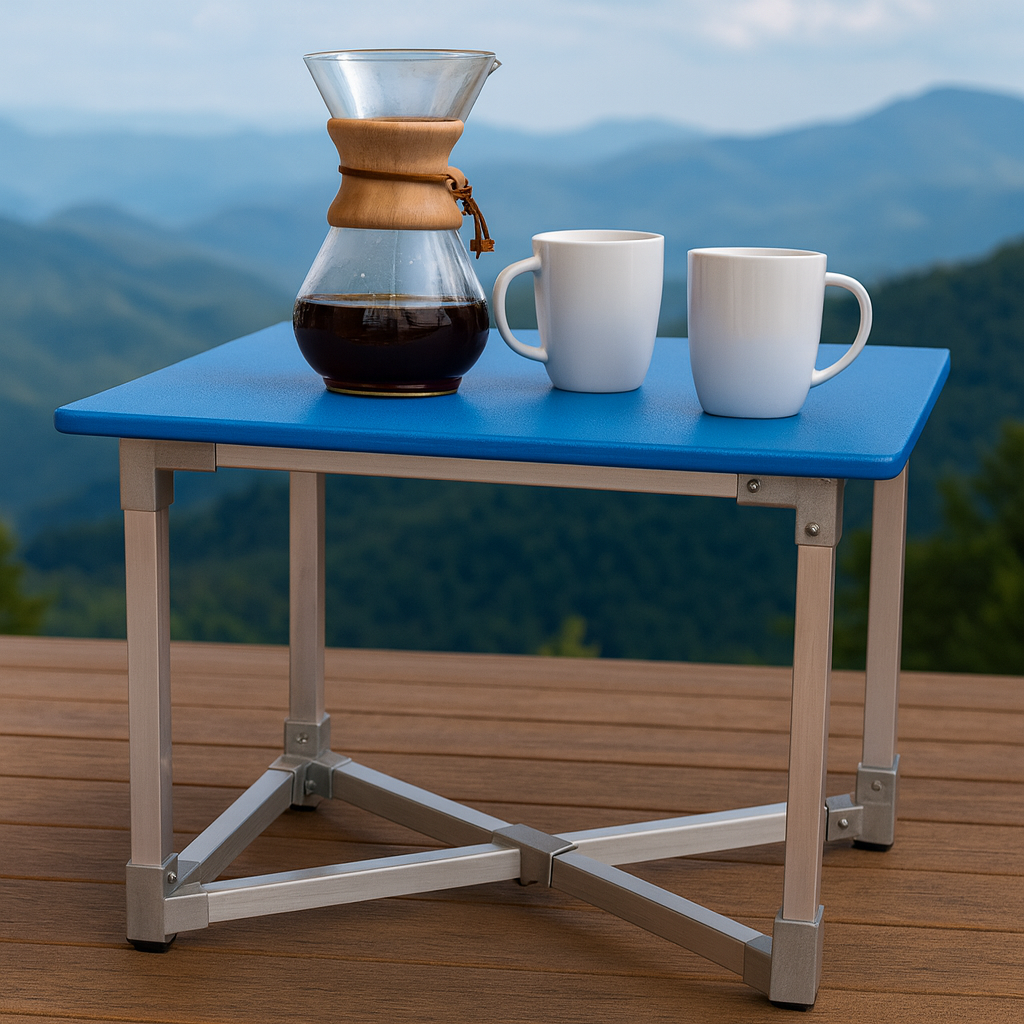 flexibench.com.au .. Coffee Table, Gloss Cobalt Blue coloured Top, Polished Aluminium Legs, Size 595*595*455mm