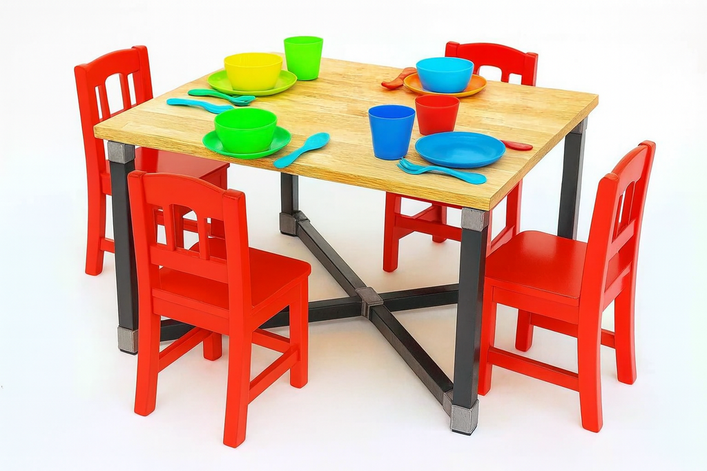 flexibench.com.au .. Children's Dining Table, 2-6 Years, Seats 4, Gloss Light Coloured Timber Tabletop, Powder Coated Gloss Black Aluminium legs, Top 595*595mm, Height 455mm