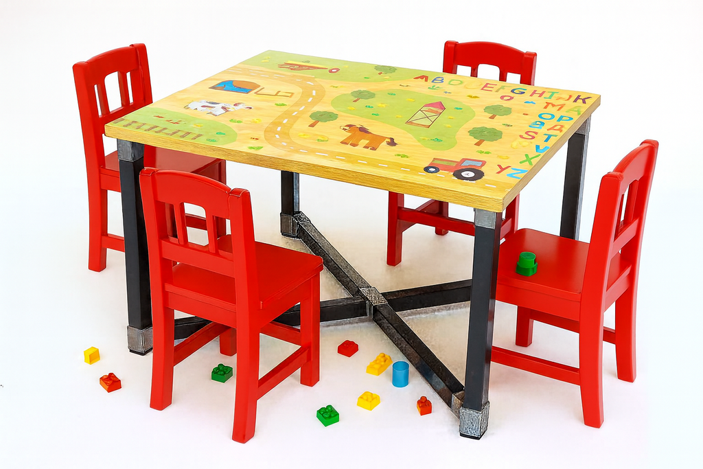 flexibench.com.au .. Children's Dining Table, 2-6 Years, Seats 4, Gloss Light Coloured Timber Tabletop, Powder Coated Gloss Black Aluminium legs, Top 595*595mm, Height 455mm