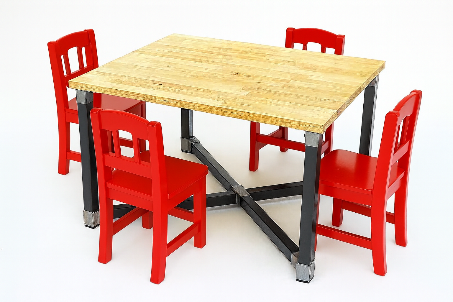 flexibench.com.au .. Children's Dining Table, 2-6 Years, Seats 4, Gloss Light Coloured Timber Tabletop, Powder Coated Gloss Black Aluminium legs, Top 595*595mm, Height 455mm