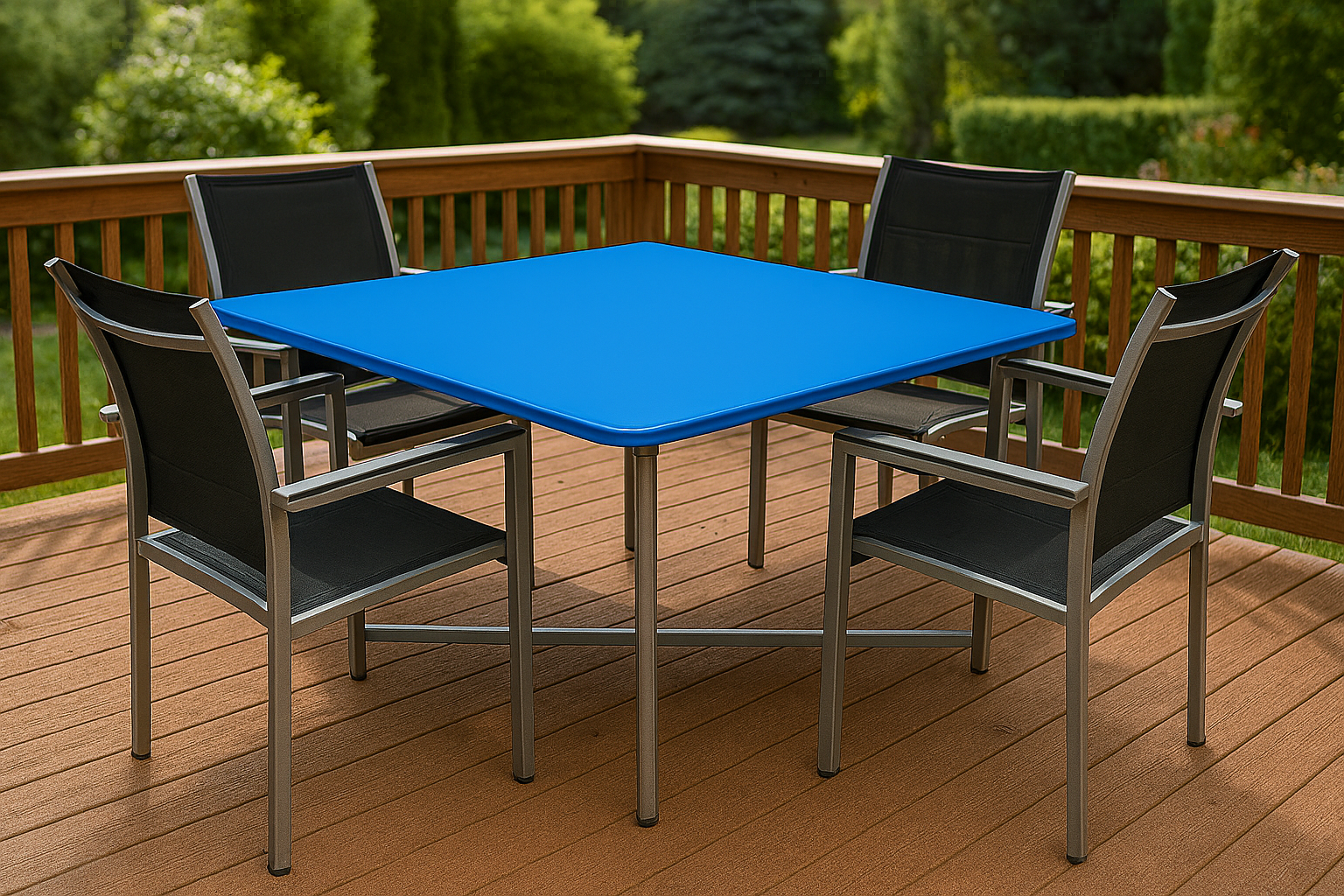 flexibench.com.au .. Cobalt blue coloured tabletop, Indoor or outdoor under cover, Galvanised steel legs, Size 1200*1200*735mm