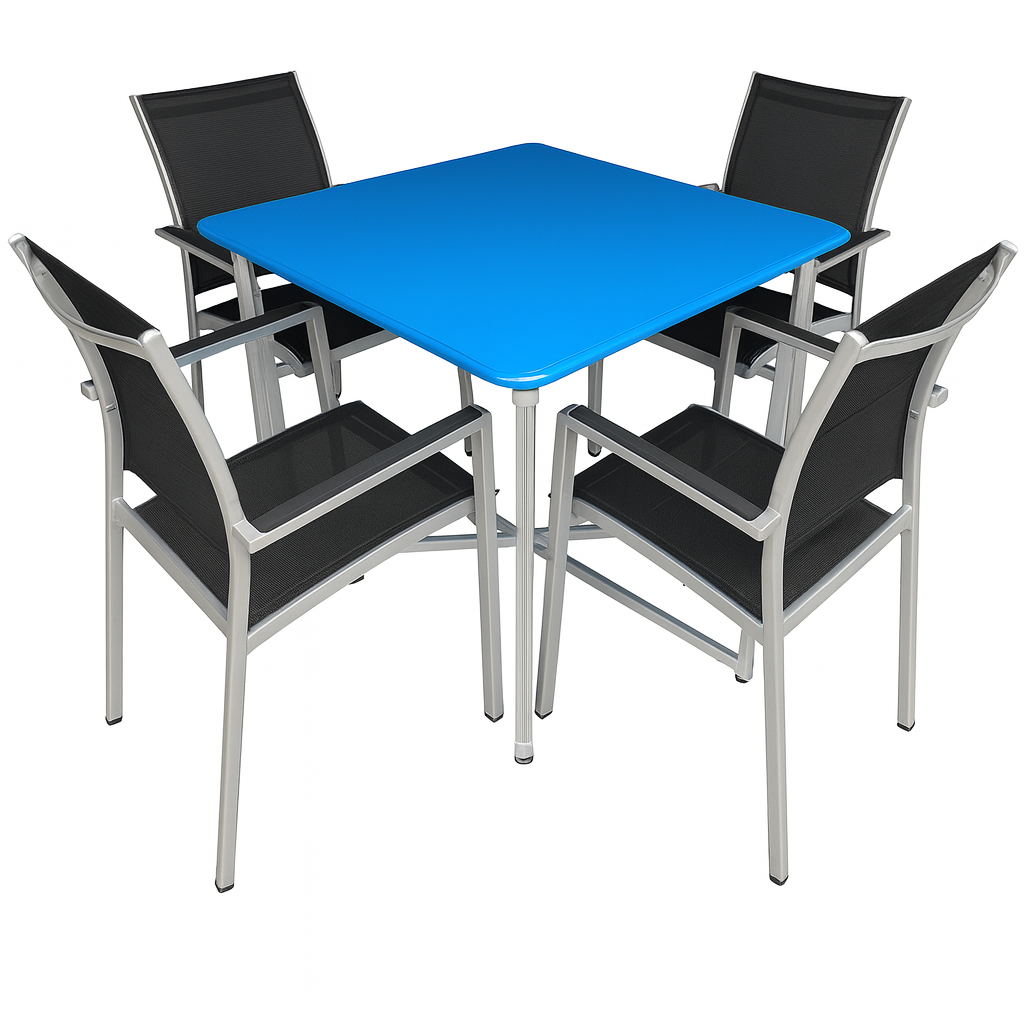 flexibench.com.au .. Cobalt blue coloured tabletop, Indoor or outdoor under cover, Galvanised steel legs, Size 1200*1200*735mm