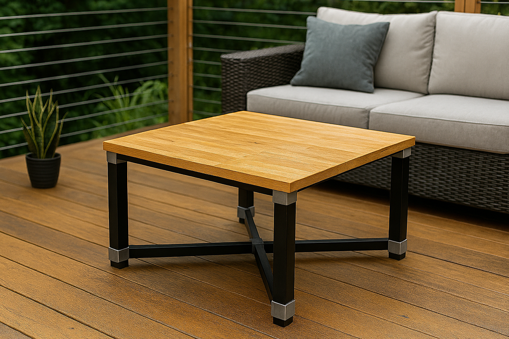 flexibench.com.au .. Coffee Table, Gloss Light Coloured Timber Tabletop, Powder Coated Gloss Black Aluminium legs, Top 595*595mm, Height 455mm