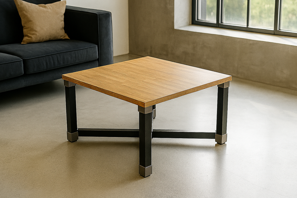 flexibench.com.au .. Coffee Table, Gloss Light Coloured Timber Tabletop, Powder Coated Gloss Black Aluminium legs, Top 595*595mm, Height 455mm