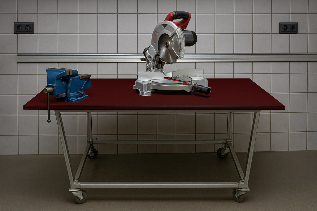 Work bench, Workstation, Maroon coloured top, Galvanized legs with Caster wheels, Size H895mm, W1200mm, D 800mm, Table only, accessories are not included