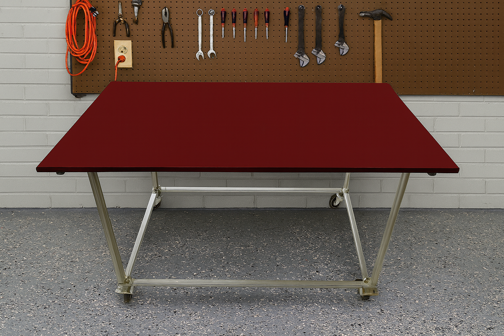Work bench, Workstation, Maroon coloured top, Galvanized legs with Caster wheels, Size H895mm, W1200mm, D 800mm, Table only, accessories are not included