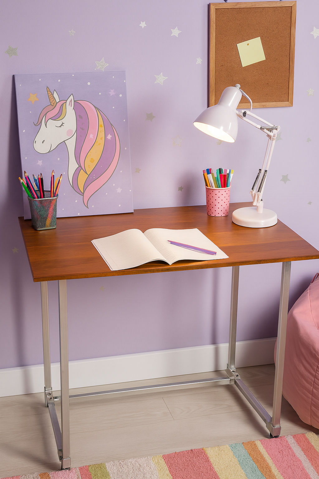 Timber top study desk, Galvanized steel legs, Size H 800mm W 1200mm D 600mm. Table only accessories not included