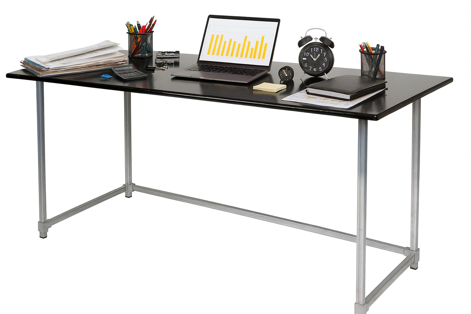 Utilitarian Office Table with Gloss Black Tabletop Galvanised Steel legs, Tabletop Size 1600mm 800mm, Height 735mm, Table only accessories are not included