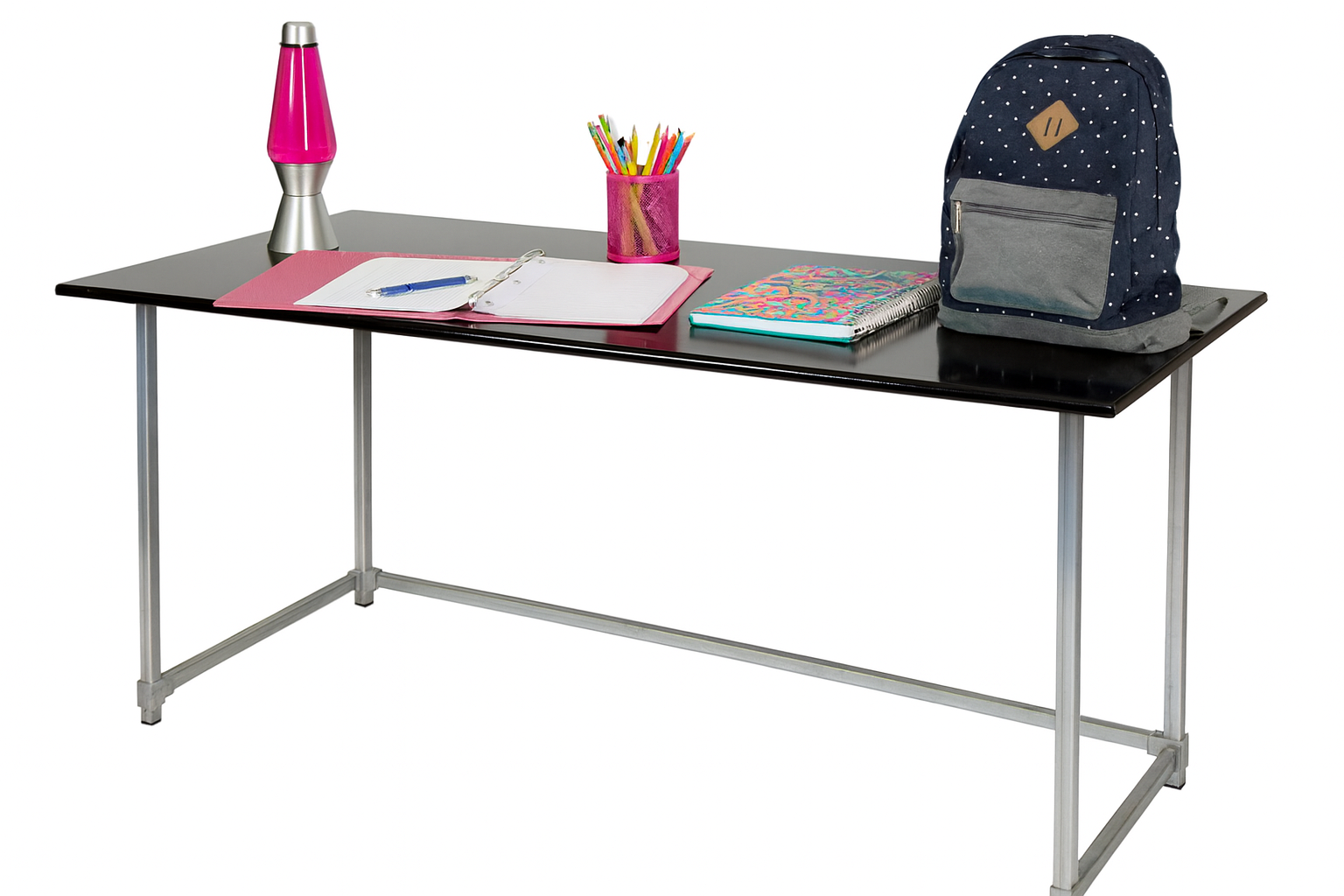 Utilitarian Study Table with Gloss Black Tabletop Galvanised Steel legs, Tabletop Size 1600mm 800mm, Height 735mm, Table only accessories are not included
