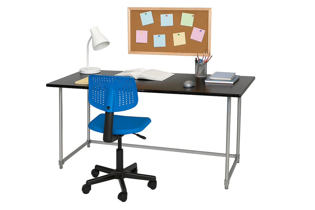 Utilitarian Study Table with Gloss Black Tabletop Galvanised Steel legs, Tabletop Size 1600mm 800mm, Height 735mm, Table only accessories are not included