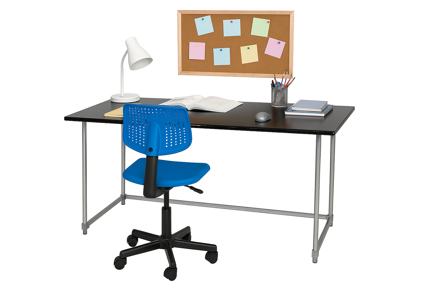 Utilitarian Study Table with Gloss Black Tabletop Galvanised Steel legs, Tabletop Size 1600mm 800mm, Height 735mm, Table only accessories are not included