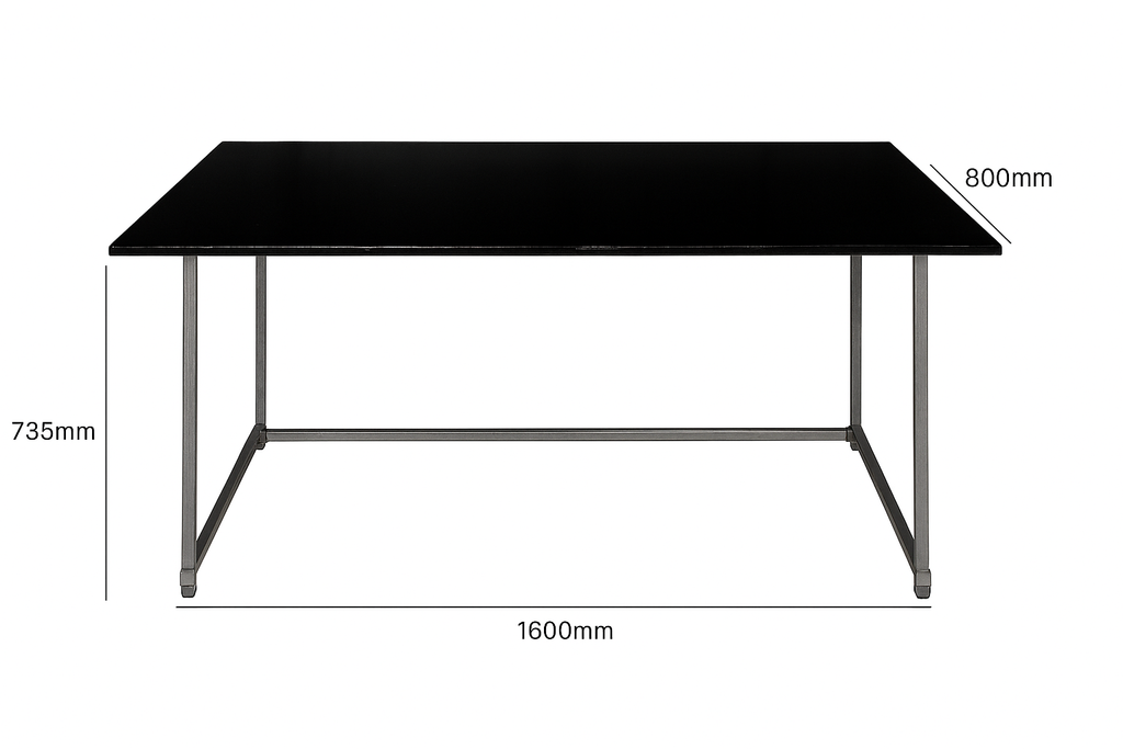 Utilitarian Study Table with Gloss Black Tabletop Galvanised Steel legs, Tabletop Size 1600mm 800mm, Height 735mm, Table only accessories are not included