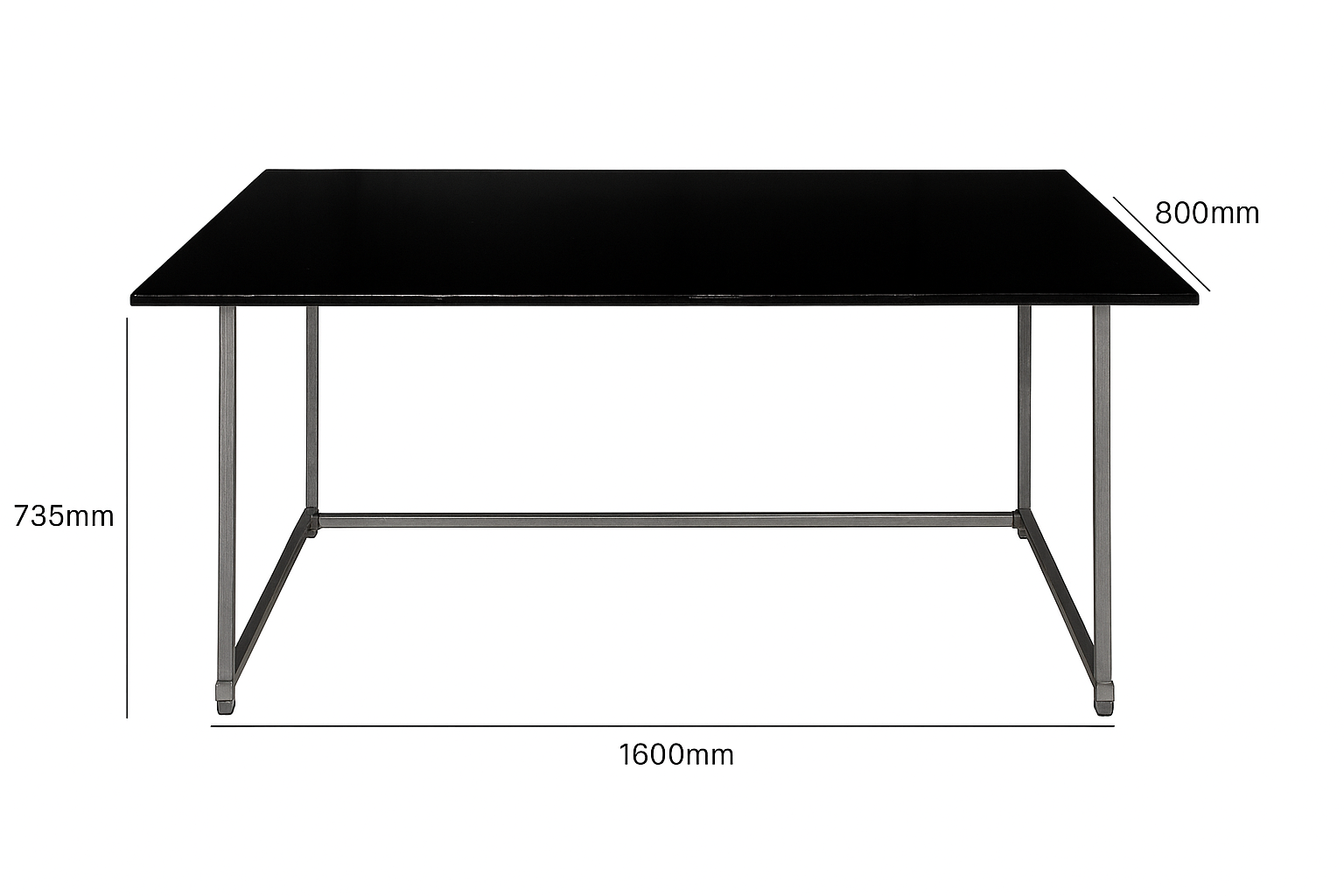 Utilitarian Study Table with Gloss Black Tabletop Galvanised Steel legs, Tabletop Size 1600mm 800mm, Height 735mm, Table only accessories are not included