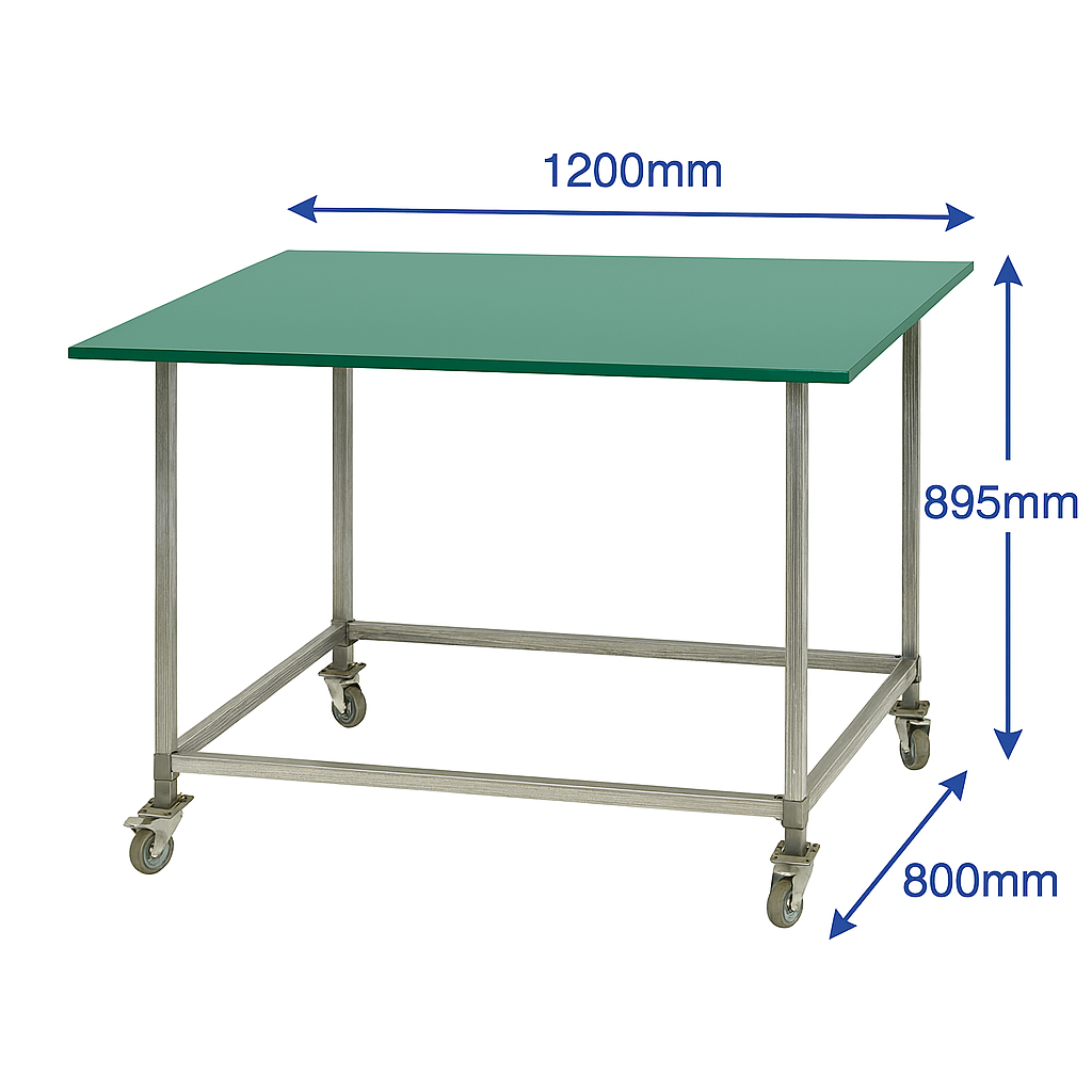 Work bench, Workstation, Jade green, Galvanized legs with Caster wheels, Size H895mm, W1200mm, D 800mm, Table only, accessories are not included