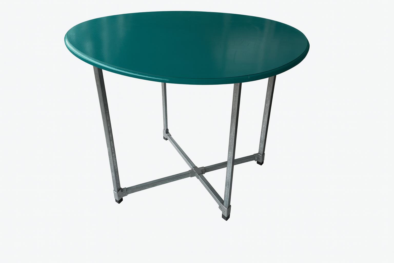 flexibench.com.au .. Jade coloured round tabletop, indoor and undercover outdoor areas, size 1200mm diameter height 730mm, galvanised steel legs