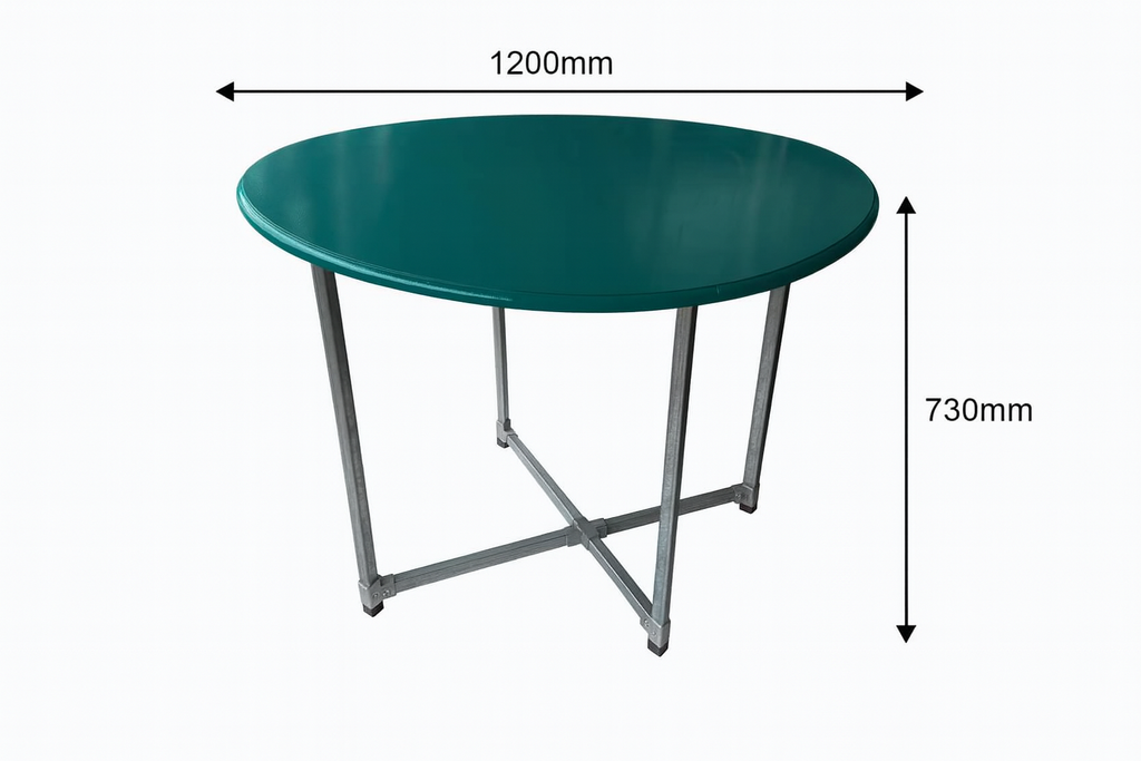 flexibench.com.au .. Jade coloured round tabletop, indoor and undercover outdoor areas, size 1200mm diameter height 730mm, galvanised steel legs