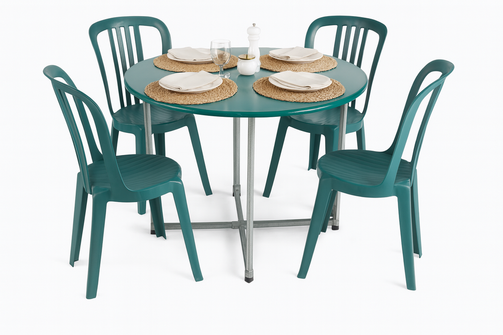 flexibench.com.au .. Jade coloured round tabletop, indoor and undercover outdoor areas, size 1200mm diameter height 730mm, galvanised steel legs