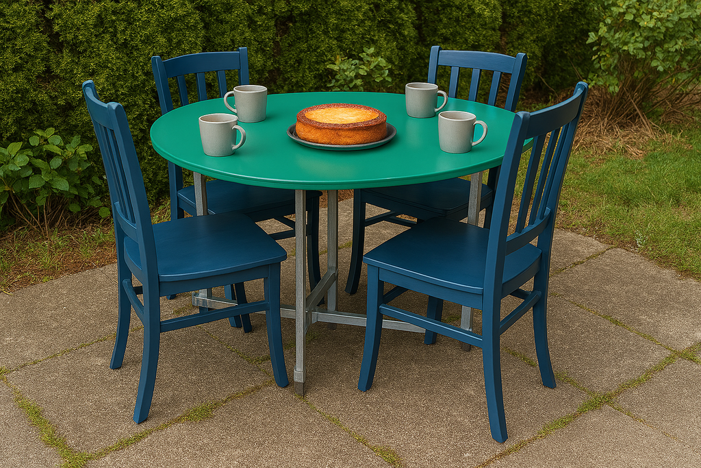 flexibench.com.au .. Jade coloured round tabletop, indoor and undercover outdoor areas, size 1200mm diameter height 730mm, galvanised steel legs