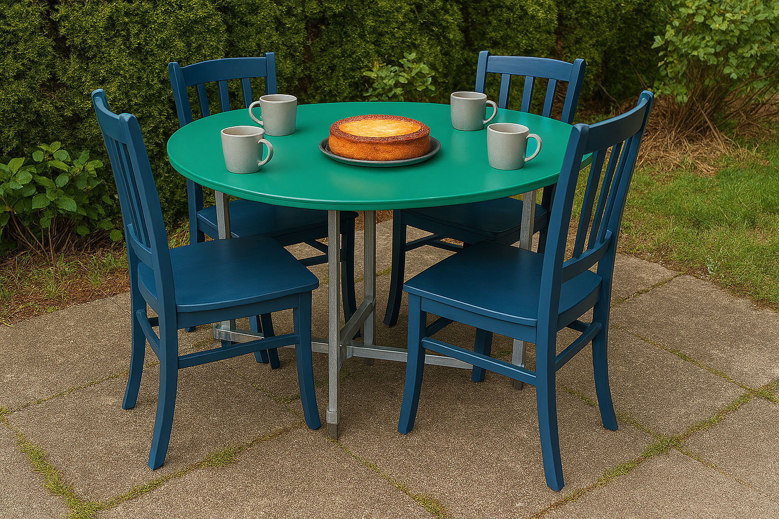 flexibench.com.au .. Jade coloured round tabletop, indoor and undercover outdoor areas, size 1200mm diameter height 730mm, galvanised steel legs