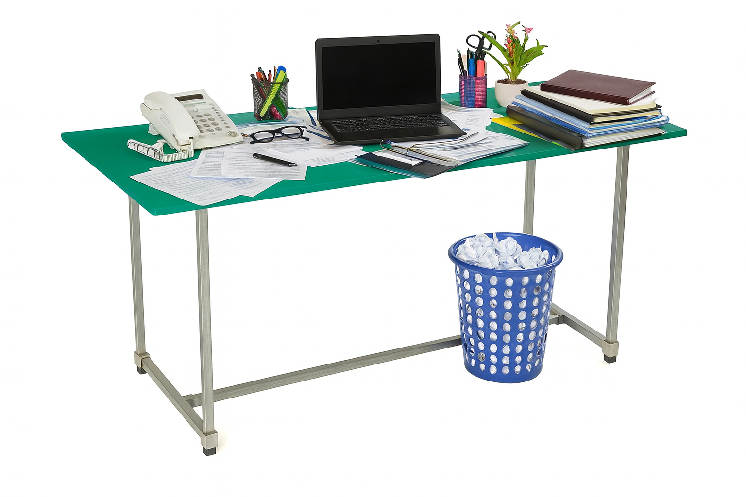 Office Desk, Jade Green Tabletop, Galvanised Steel Legs, Tabletop size 1600mm * 600mm, Height 800mm, Table only accessories are not included