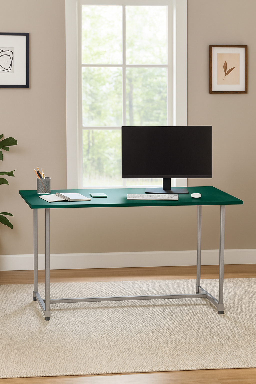 Office Desk, Jade Green Tabletop, Galvanised Steel Legs, Tabletop size 1600mm * 600mm, Height 800mm, Table only accessories are not included