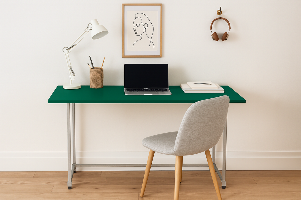 Jade Green Study Desktop, Galvanised Steel legs, Desktop Size 1600mm, 600mm, Height 800mm. Table only accessories are not include5d
