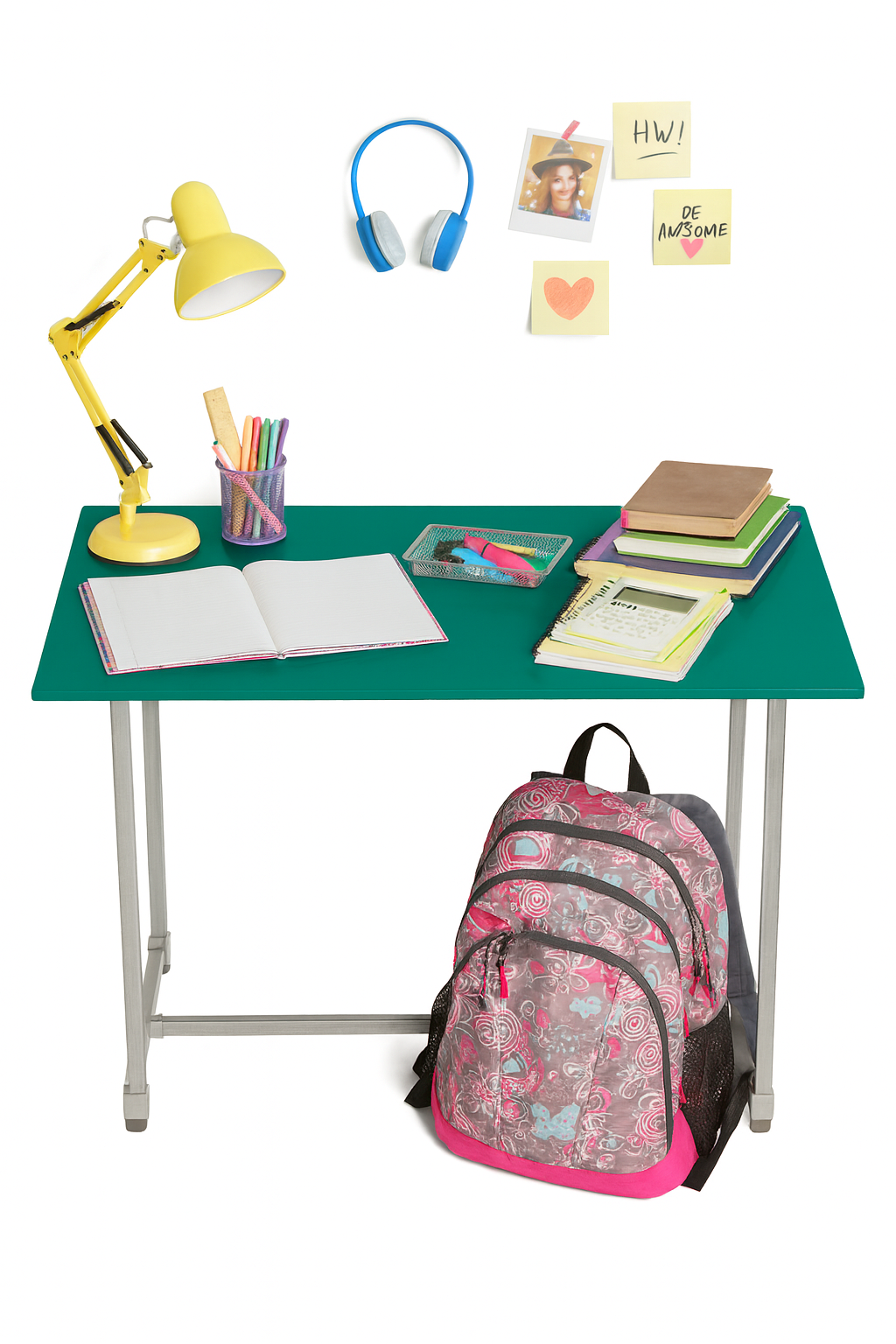 Jade Green Study Desktop, Galvanised Steel legs, Desktop Size 1600mm, 600mm, Height 800mm. Table only accessories are not include5d