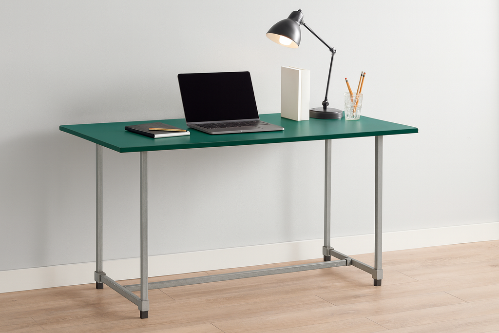 Jade Green Study Desktop, Galvanised Steel legs, Desktop Size 1600mm, 600mm, Height 800mm. Table only accessories are not include5d