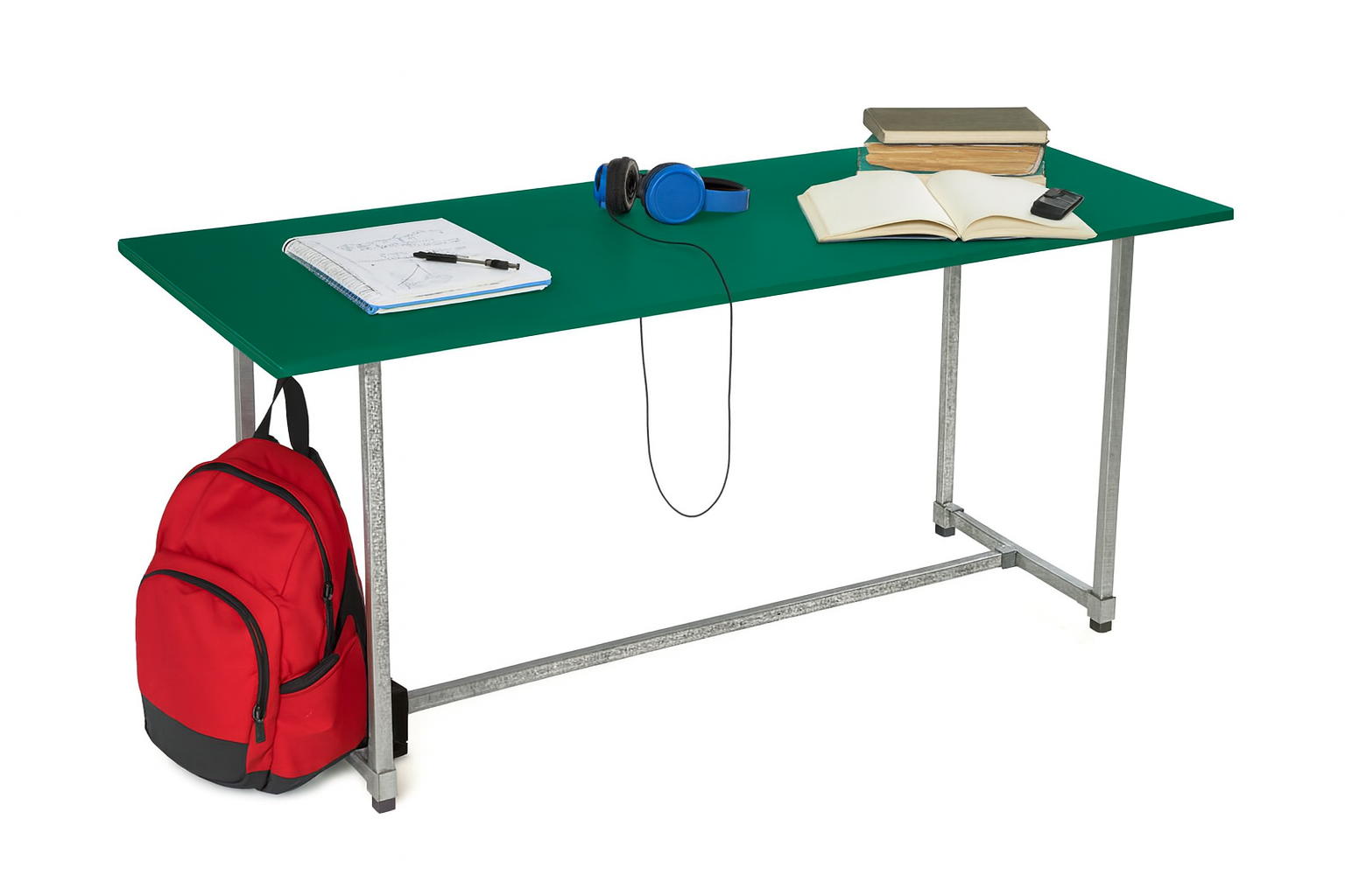 Jade Green Study Desktop, Galvanised Steel legs, Desktop Size 1600mm, 600mm, Height 800mm. Table only accessories are not include5d