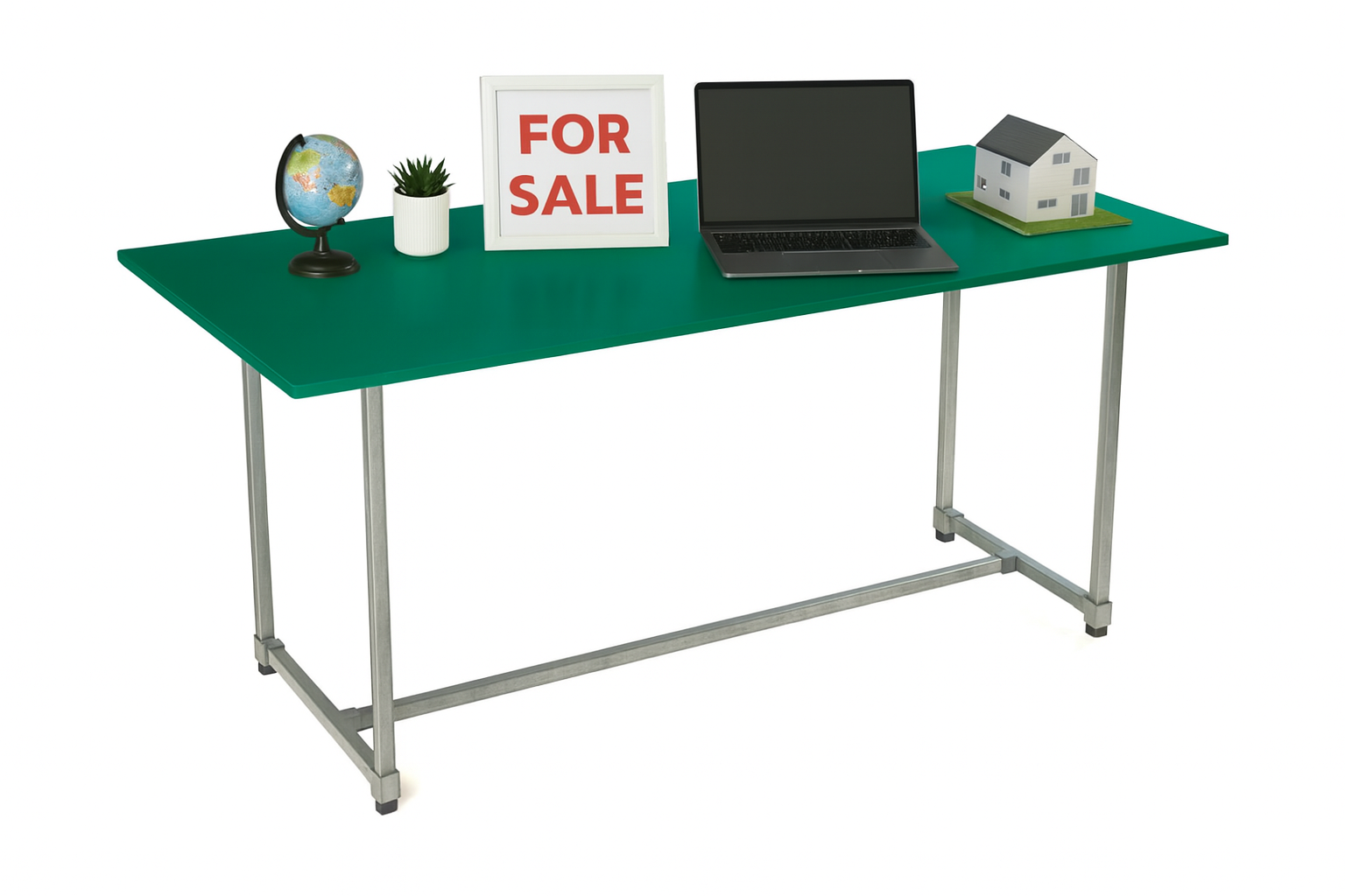 Office Desk, Jade Green Tabletop, Galvanised Steel Legs, Tabletop size 1600mm * 600mm, Height 800mm, Table only accessories are not included