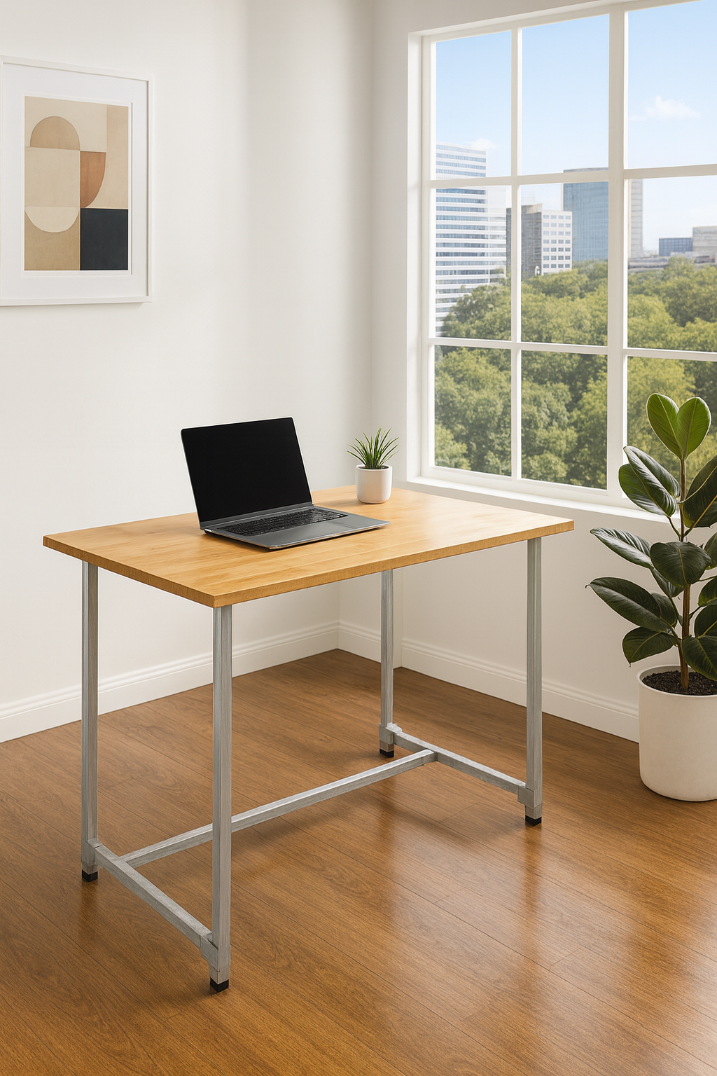 Light Coloured Timber Top Study Desk, Galvanised steel legs, Tabletop Size 1200mm * 600mm, Height 800mm, Table only accessories are not included