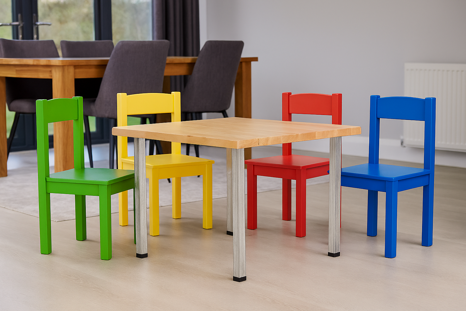 flexibench.com.au .. Children Dining Table, Suitable for 2-6 Years, Seats 4, Light Coloured Timber Top, Galvanised steel Legs, Size 595*595*455mm