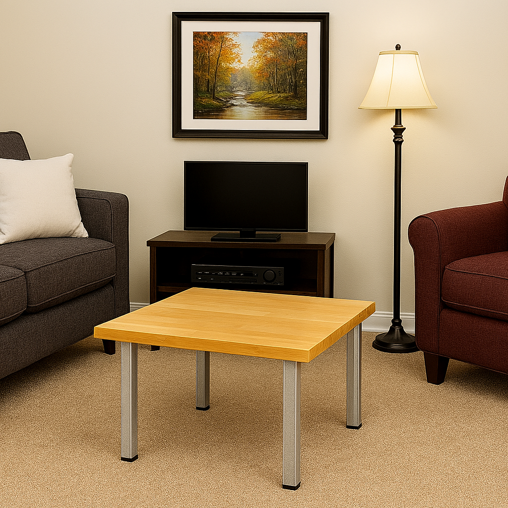 flexibench.com.au .. Coffee Table light timber colour, galvanised metal legs, Height 455mm Depth 595mm Width 595mm