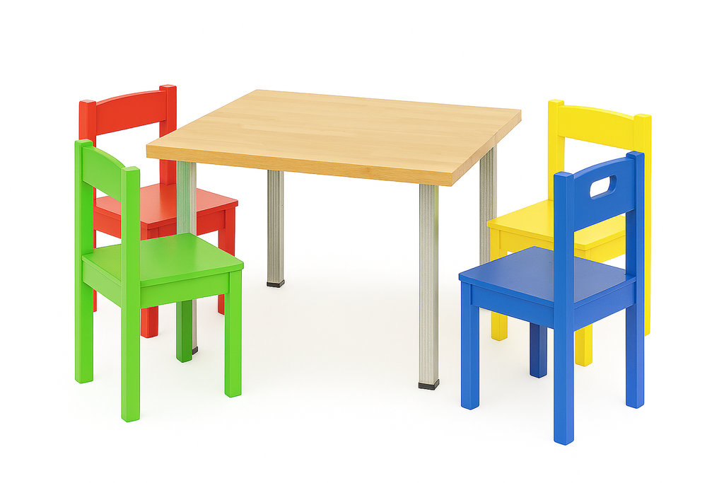 flexibench.com.au .. Children Dining Table, Suitable for 2-6 Years, Seats 4, Light Coloured Timber Top, Galvanised steel Legs, Size 595*595*455mm