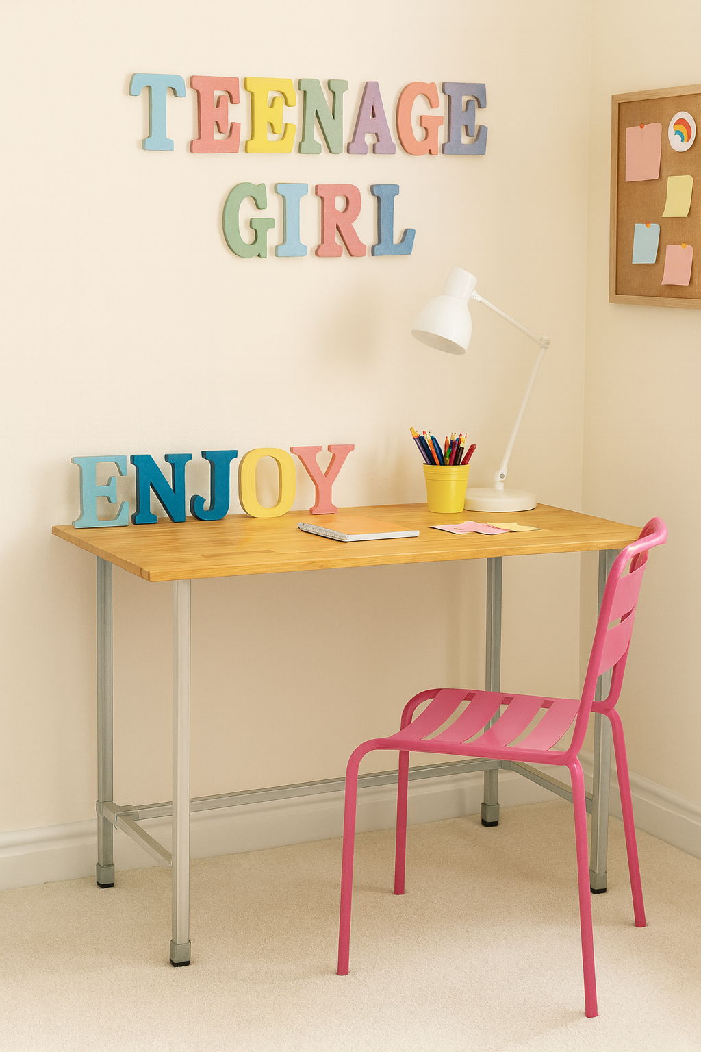 Light Coloured Timber Top Study Desk, Galvanised steel legs, Tabletop Size 1200mm * 600mm, Height 800mm, Table only accessories are not included