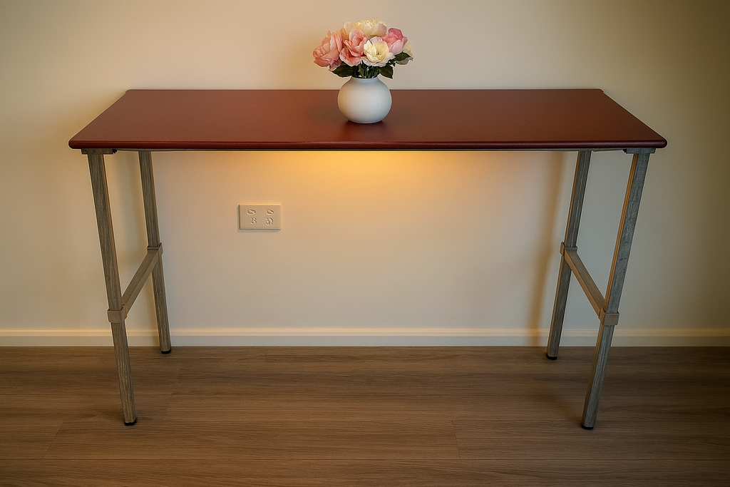 flexibench.com.au .. Hallway Table, Burgundy Top, Galvanised Steel Legs, Top 1200*395mm, Height 915mm