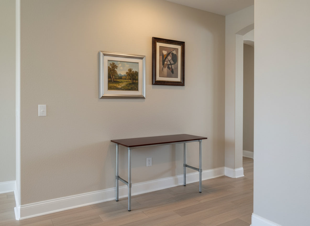 flexibench.com.au .. Hallway Table, Burgundy Top, Galvanised Steel Legs, Top 1200*395mm, Height 915mm